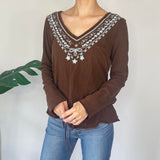 Brown Long Sleeve Embroidered Top