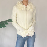 Y2K Cream Fringe Zip Up Cardigan