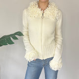 Y2K Cream Fringe Zip Up Cardigan