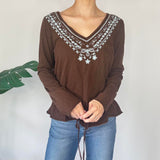 Brown Long Sleeve Embroidered Top
