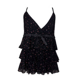 Y2K Black Floral Print Ruffle Cami