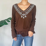 Brown Long Sleeve Embroidered Top