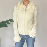 Y2K Cream Fringe Zip Up Cardigan