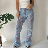 Y2K Pink Embroidered Flared Denim Jeans