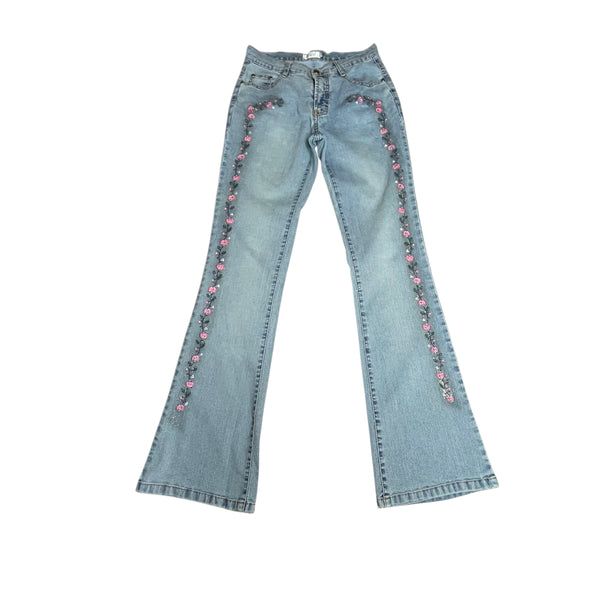 Y2K Floral Embroidered Flare Denim Jeans